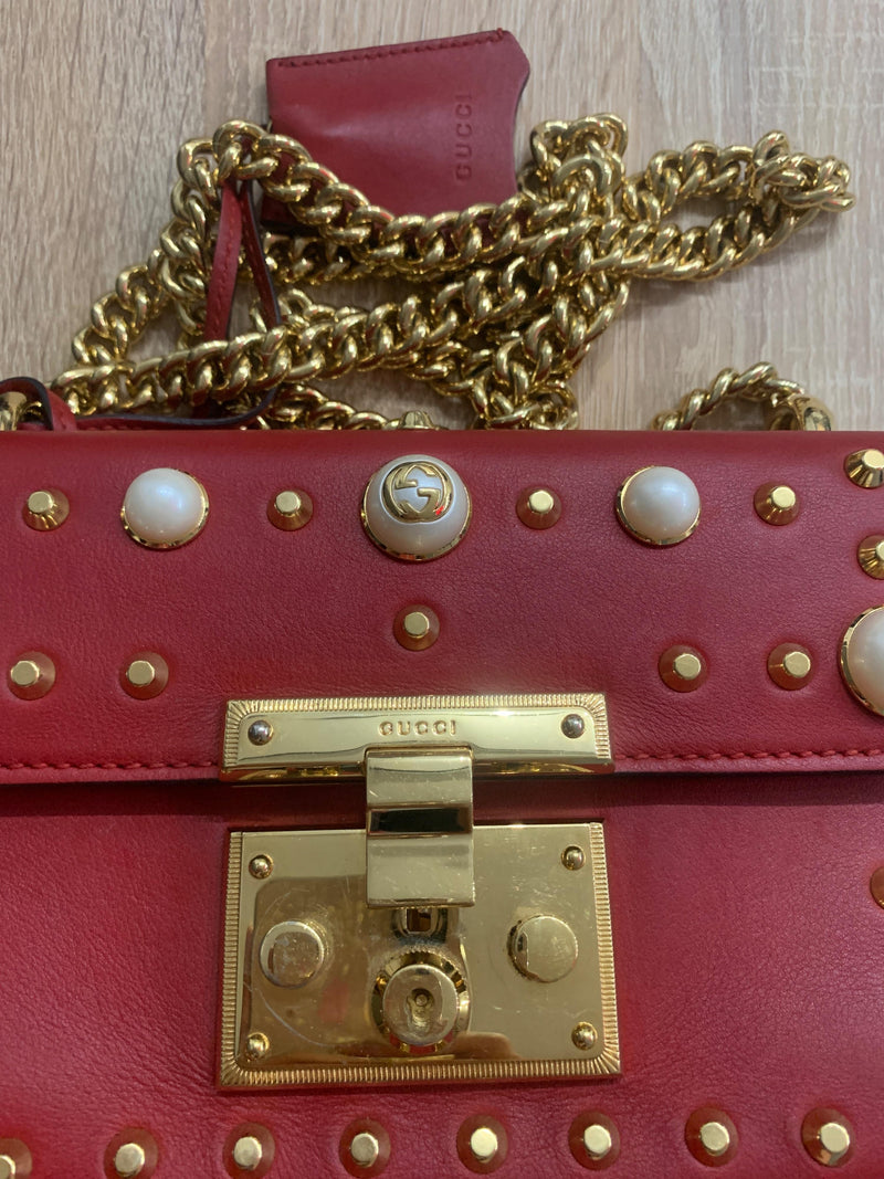 Red Leather Studded Padlock Shoulder Bag