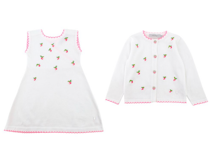 Baby Dior White & Pink Strawberry Embroidery Cardigan and Dress Set
