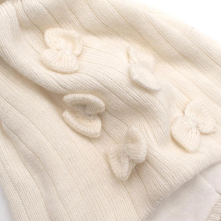 White Wool Knit Beanie with a Pom Pom and Bows