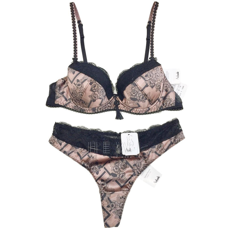 Aubade Art Deco Gatsby Print Satin Padded Plunge Bra & Tanga Set