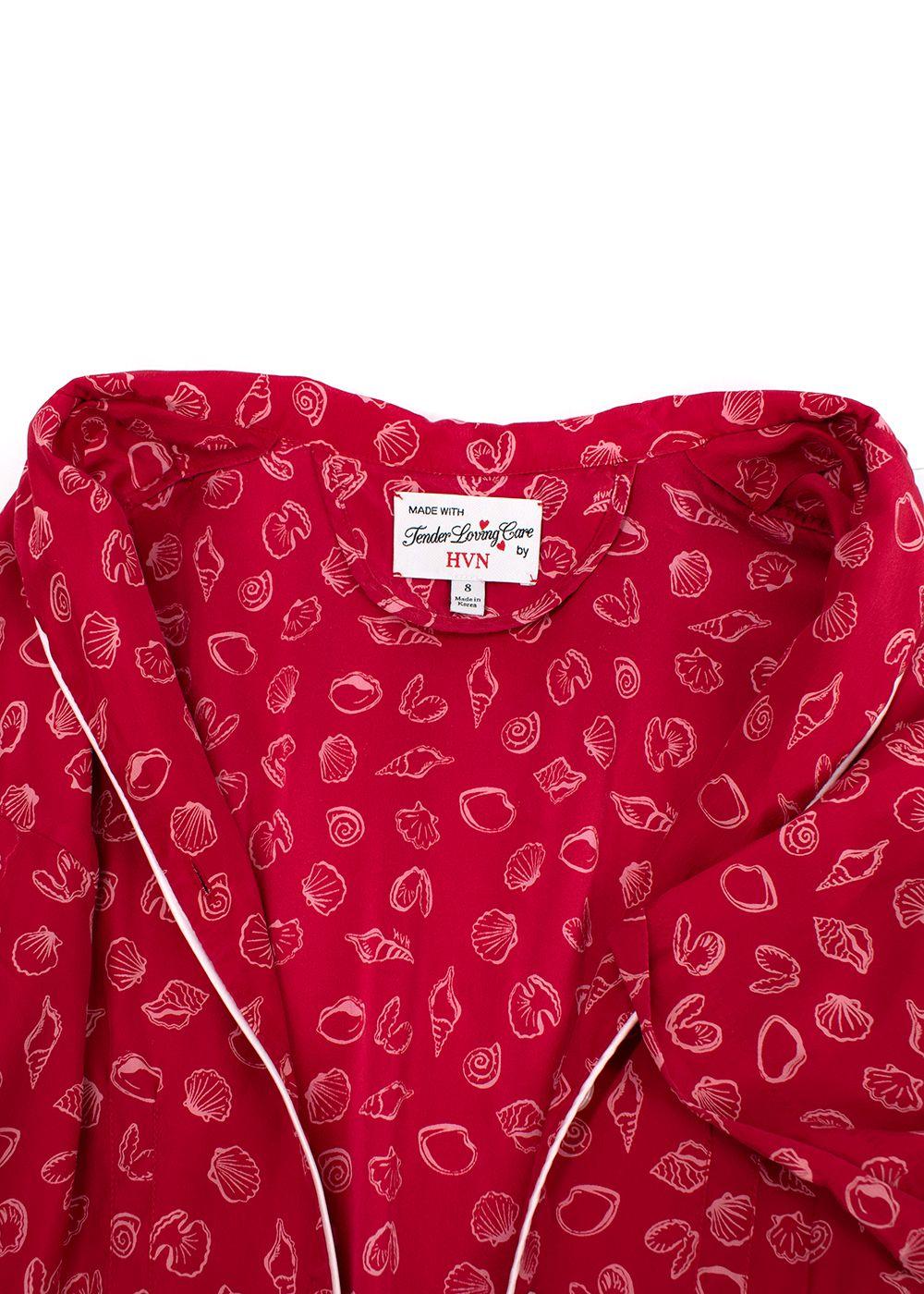 HVN Red Shell Print Silk Shirt Dress