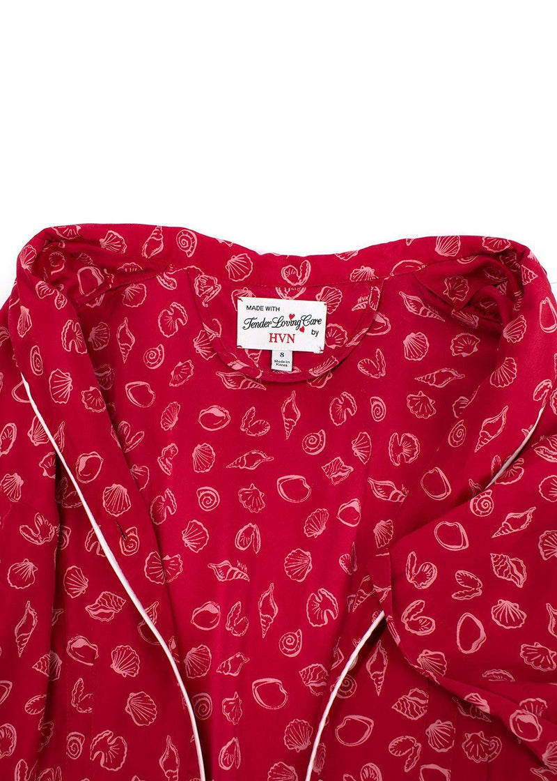 HVN Red Shell Print Silk Shirt Dress