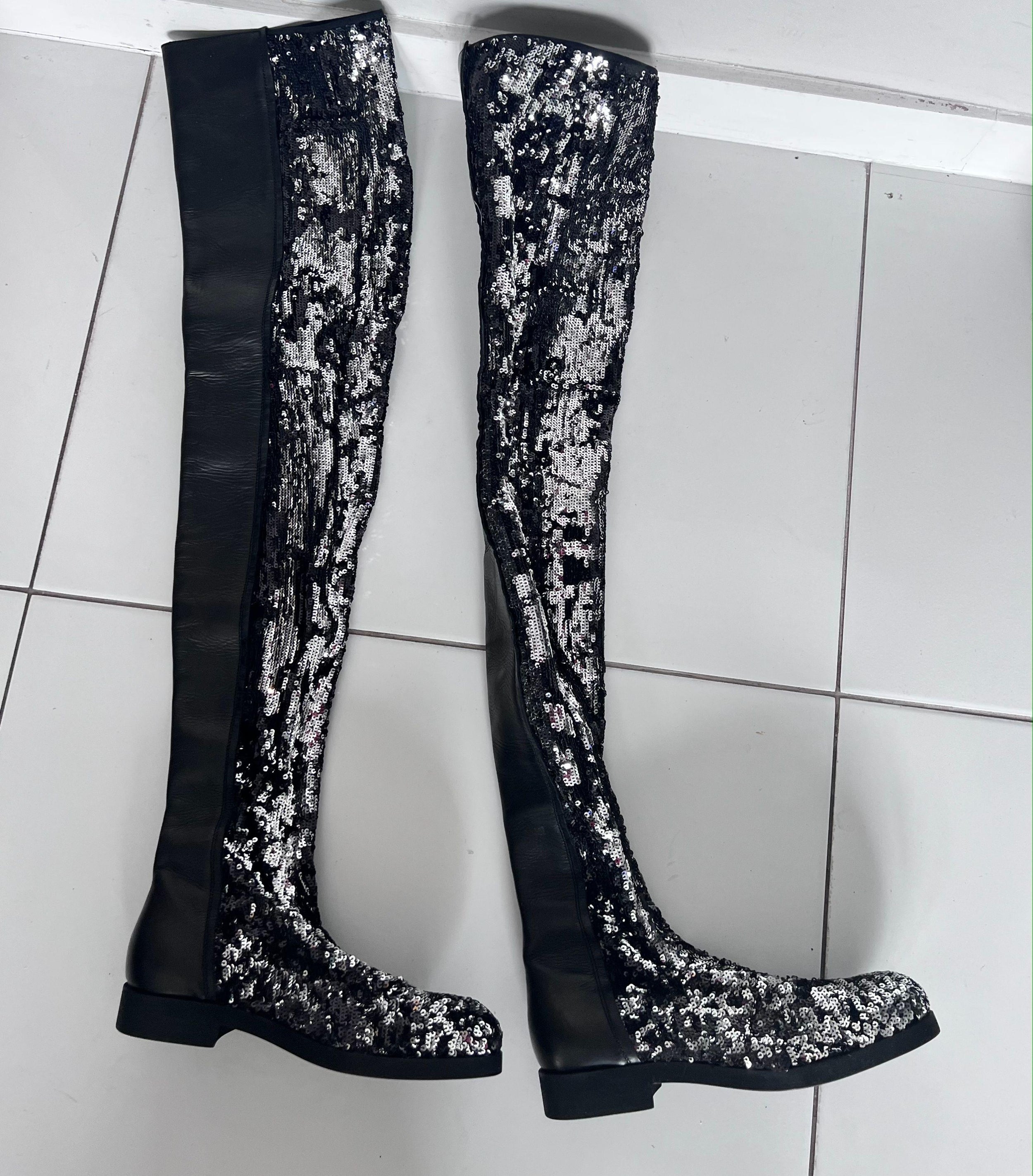 Black Leather Sequinned Over the Knee Boots
