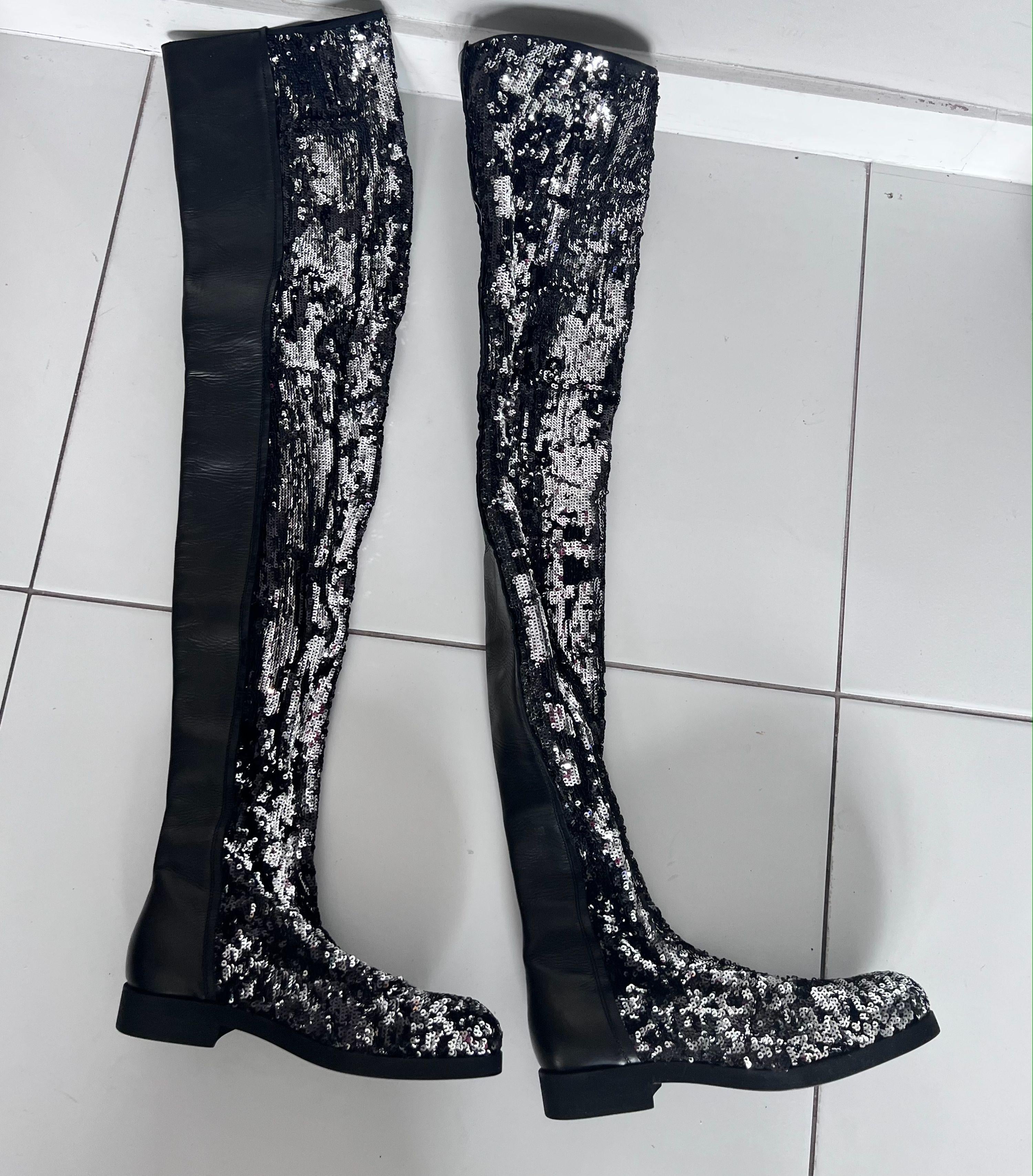 Black Leather Sequinned Over the Knee Boots