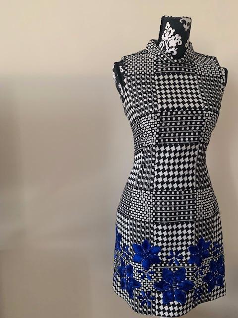 Black and White Check Mini Dress with Floral Embroidery