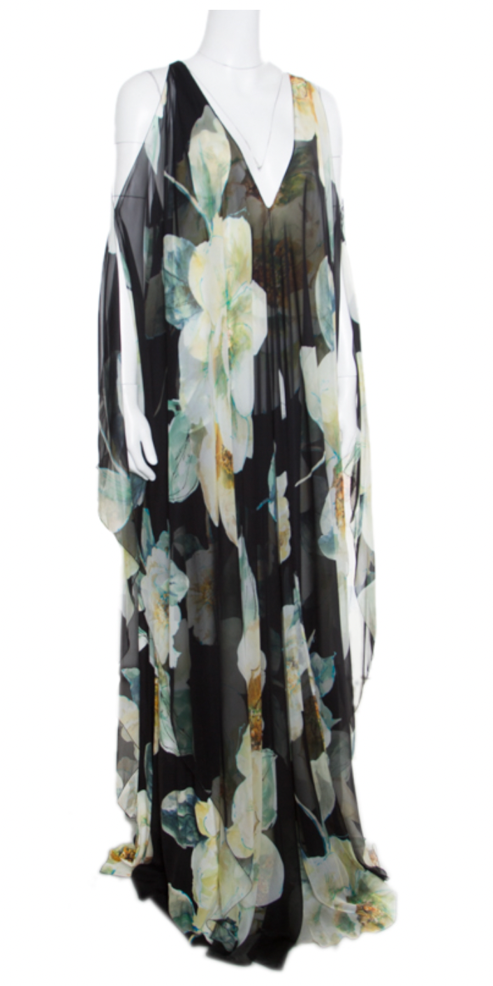 Lanvin Black Silk Printed Cold Shoulder Kaftan Gown
