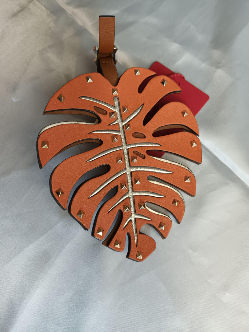 Valentino Tan Leather Monstero Leaf Keyring