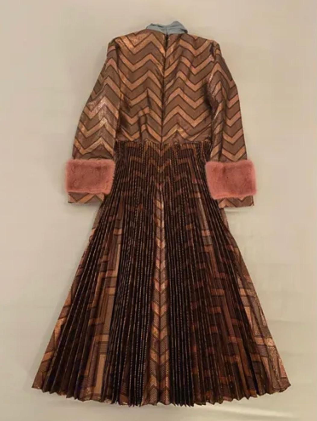 Bronze metallic lame pussy-bow dress