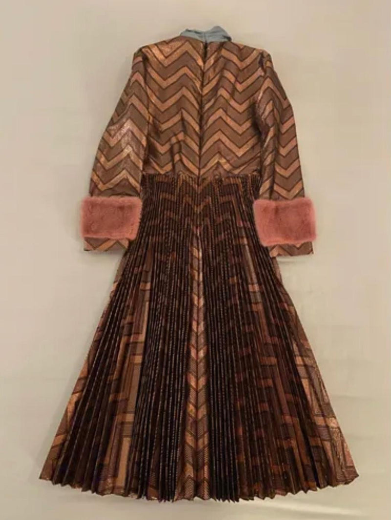 Bronze metallic lame pussy-bow dress