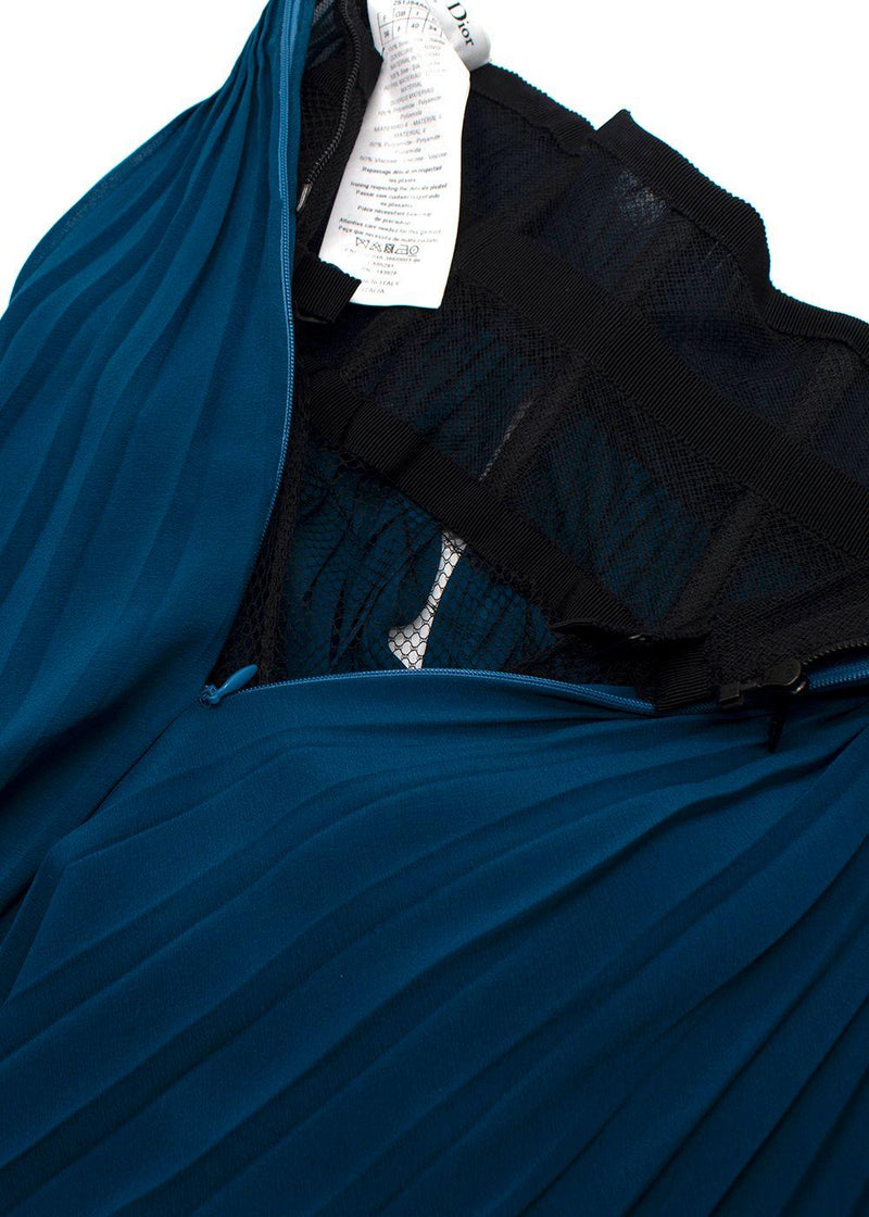 Christian Dior Teal Silk  And Black Lace Pleated Midi Skirt