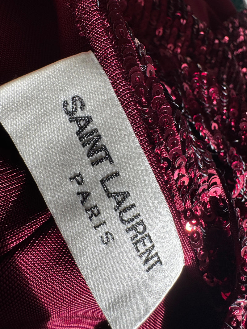 Saint Laurent Burgundy Sequin Halter Neck Mini Dress