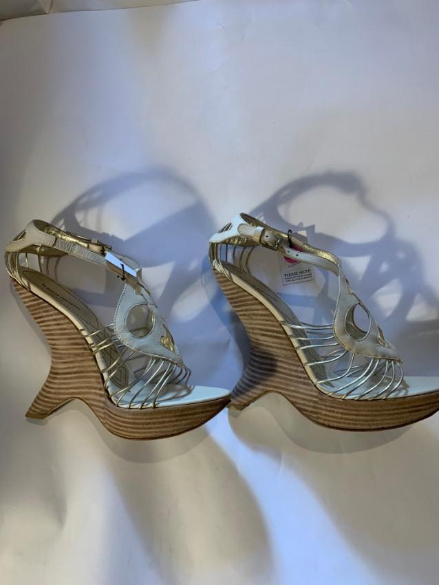 Alberta Ferretti Ivory Corded Leather Curved Wedge Sandals