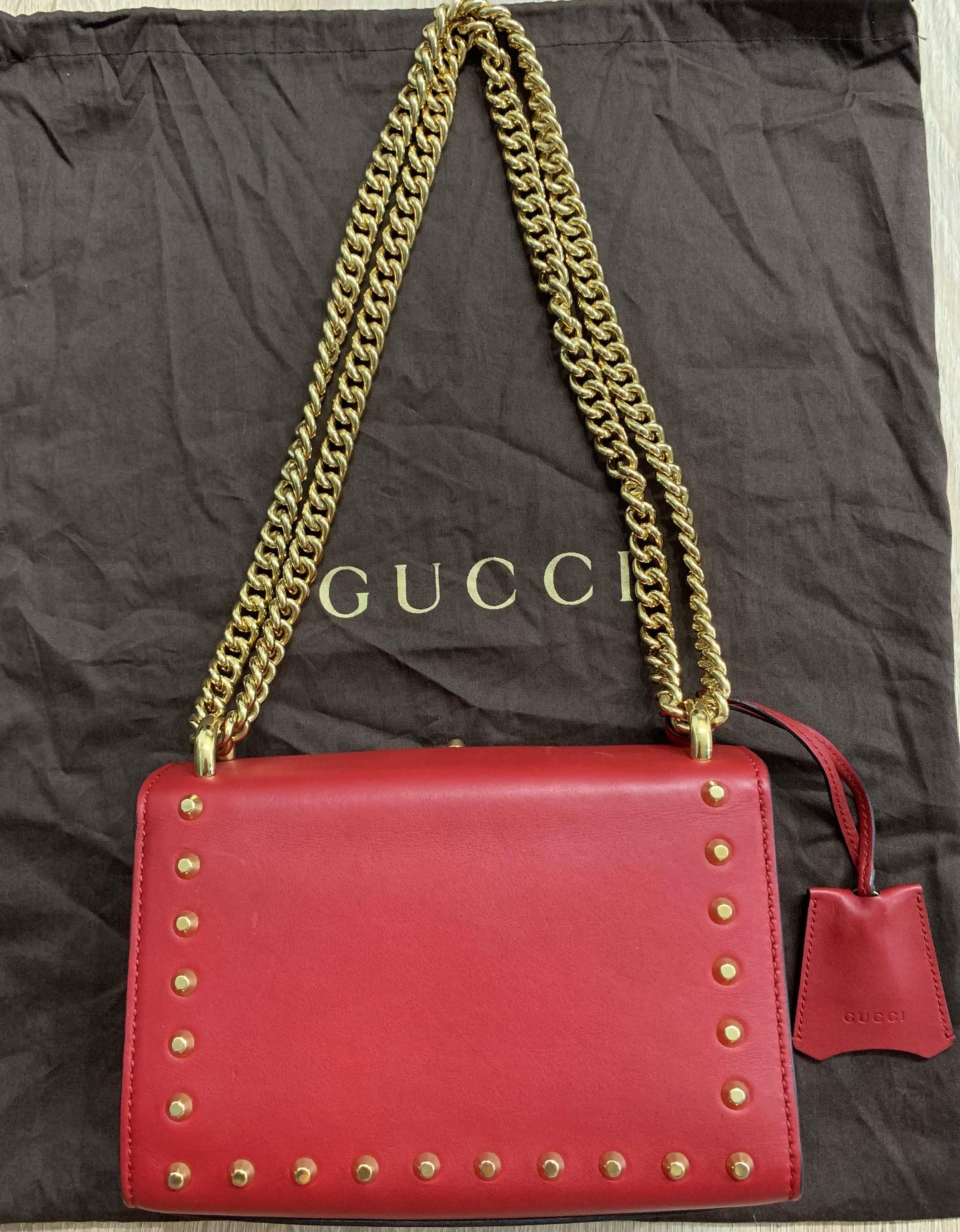 Red Leather Studded Padlock Shoulder Bag