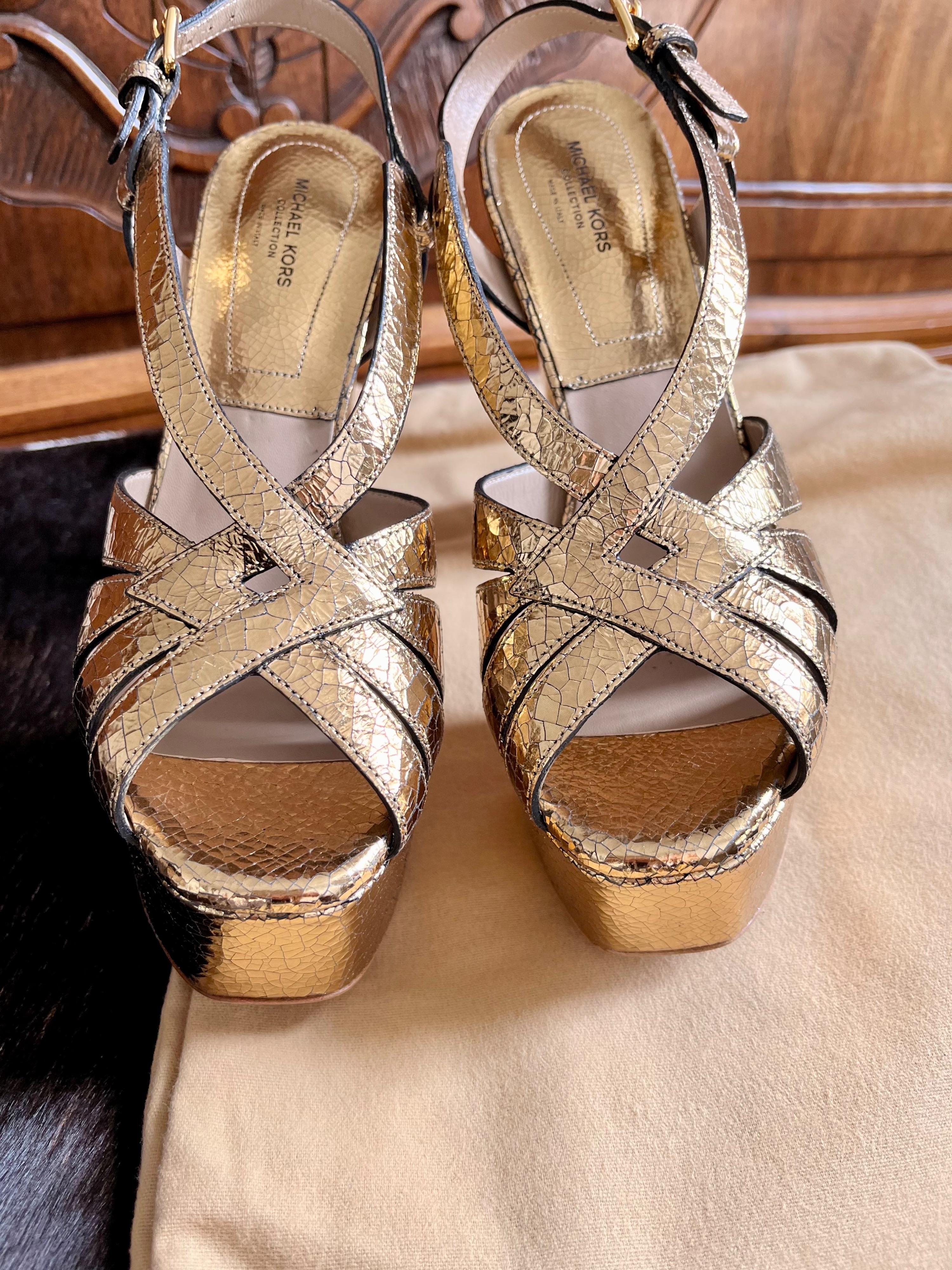 Gold cracleque leather Candace platform heeled sandals