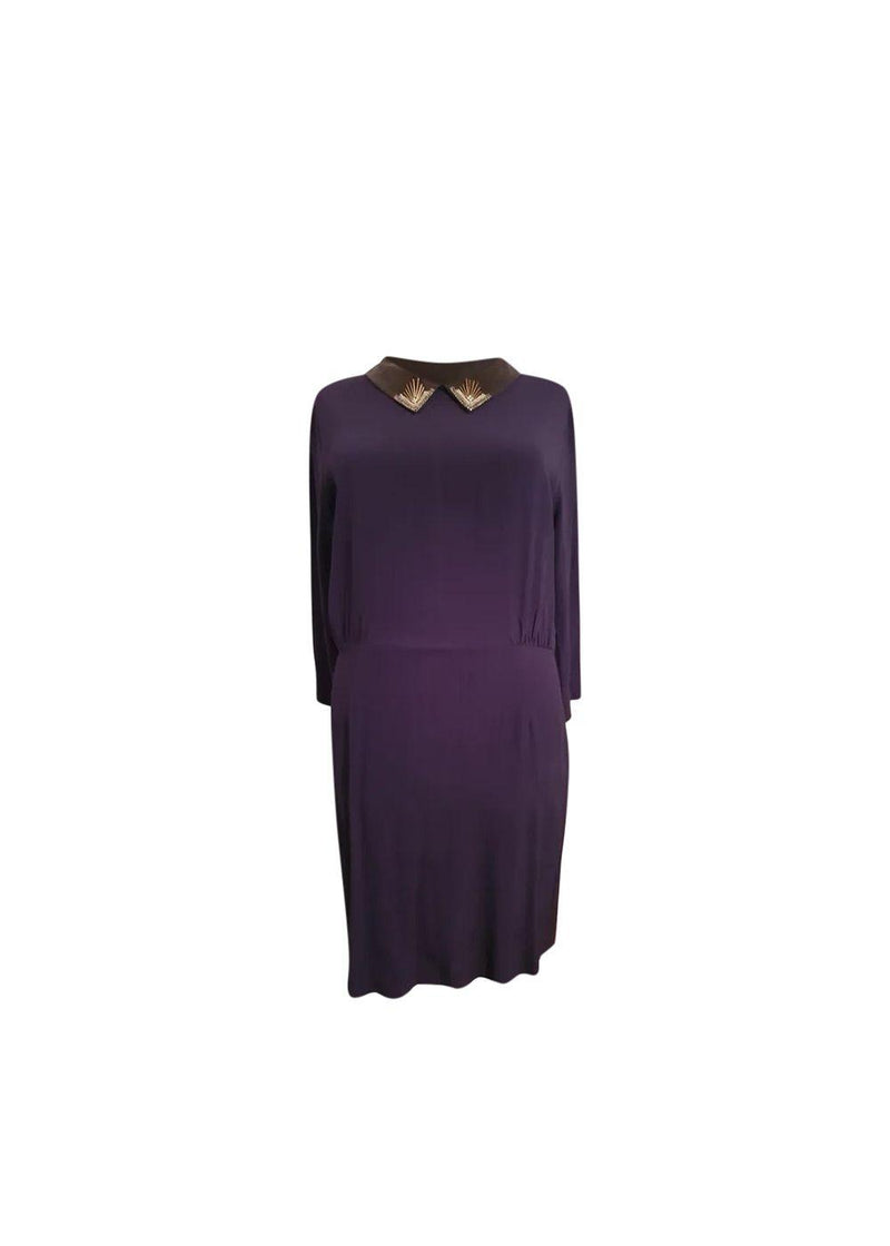 Purple crepe embellished collar dress
