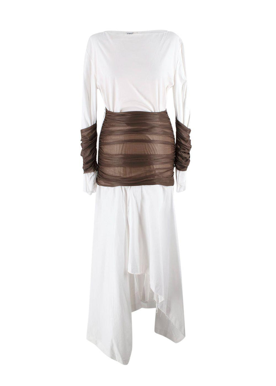 Loewe White and Brown Distressed Hem Midi Dress