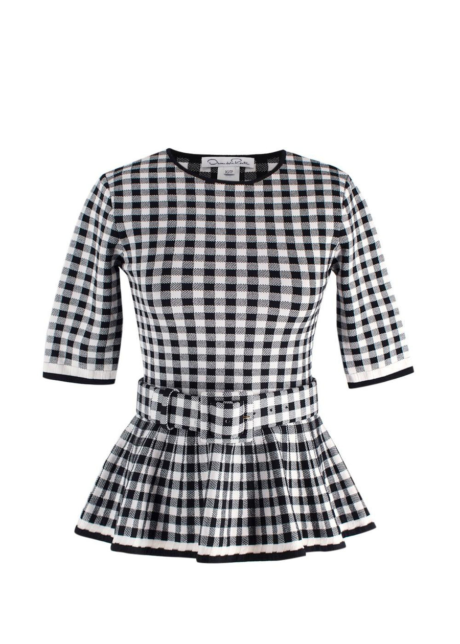 Oscar De La Renta Monochrome Houndstooth Belted Peplum Top