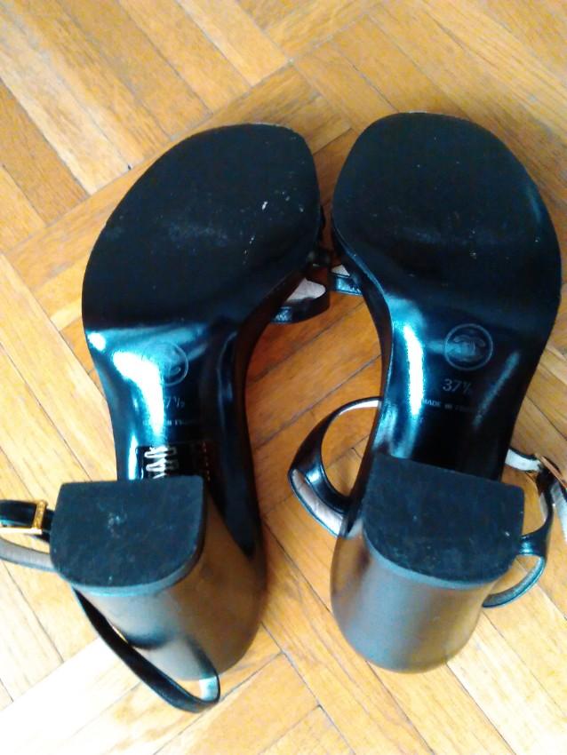 Chanel Black Leather Logo Plate Block Heel Sandals