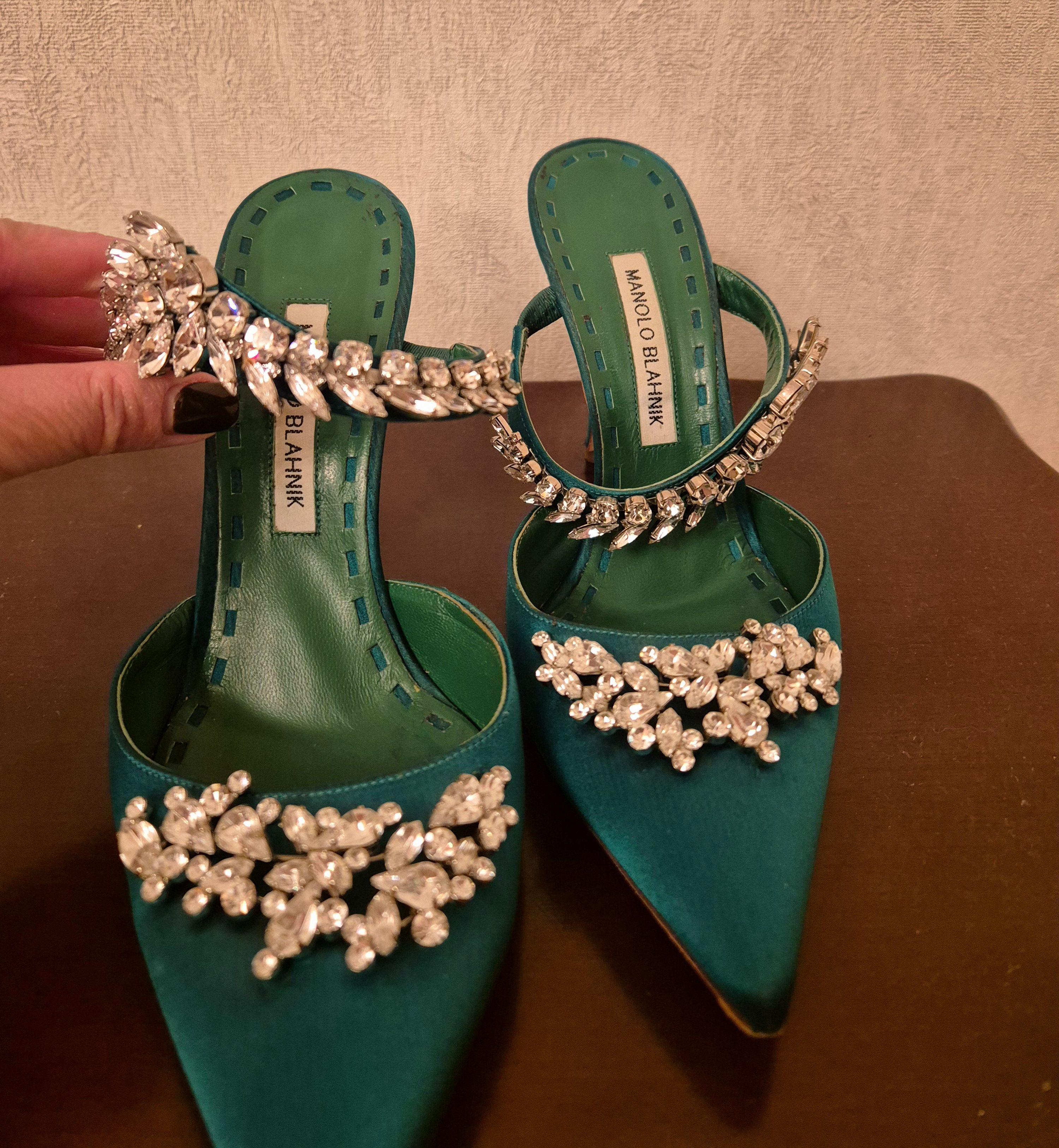 Manolo Blahnik Embellished Green Satin Mules
