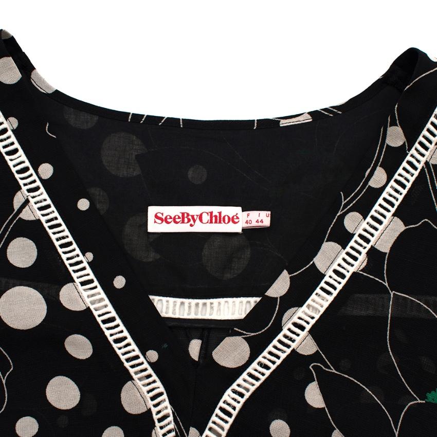 See By Chloe Black Polka Dot Linen blend Sheer Blouse