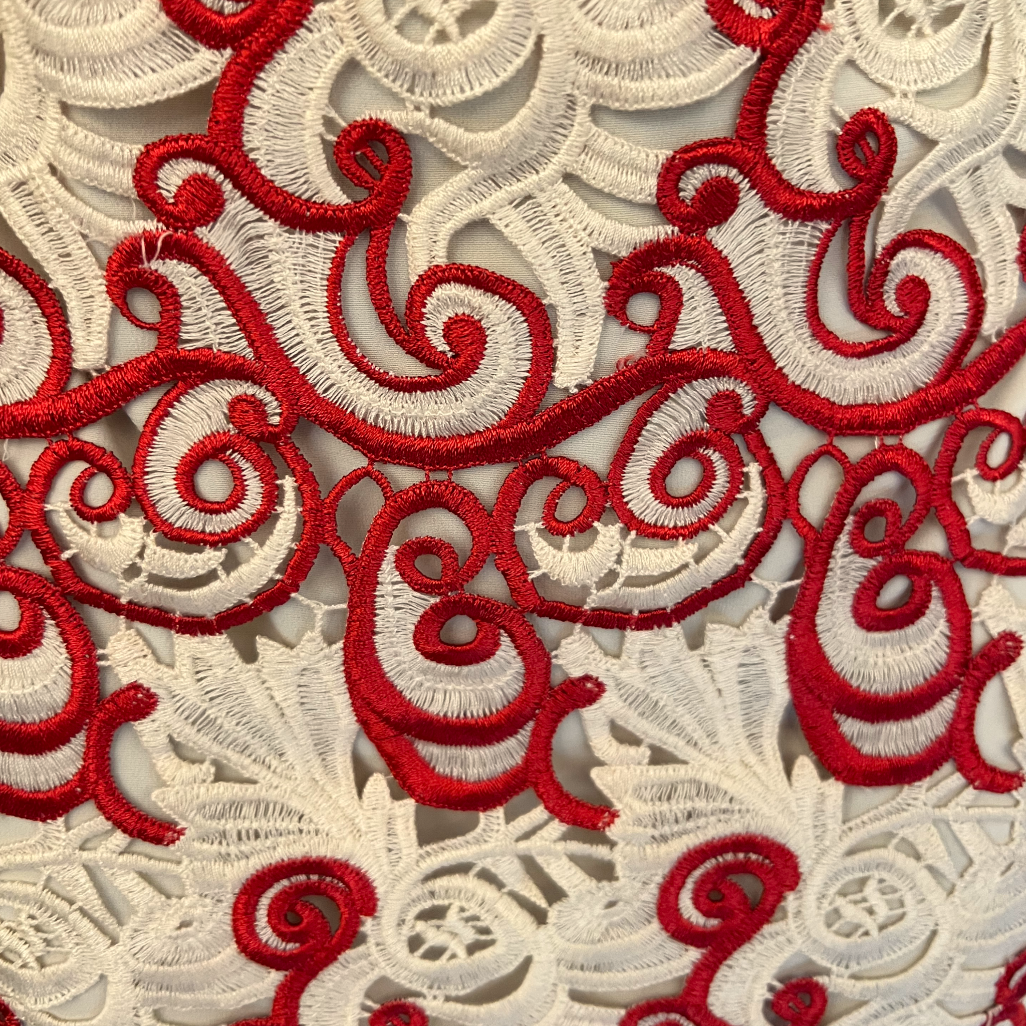 Red & white guipure lace low-back dress