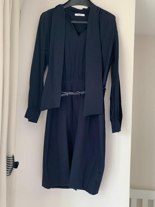 Max Mara Navy Crepe De Chine Pussybow Gelada Midi Dress
