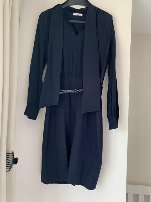 Max Mara Navy Crepe De Chine Pussybow Gelada Midi Dress