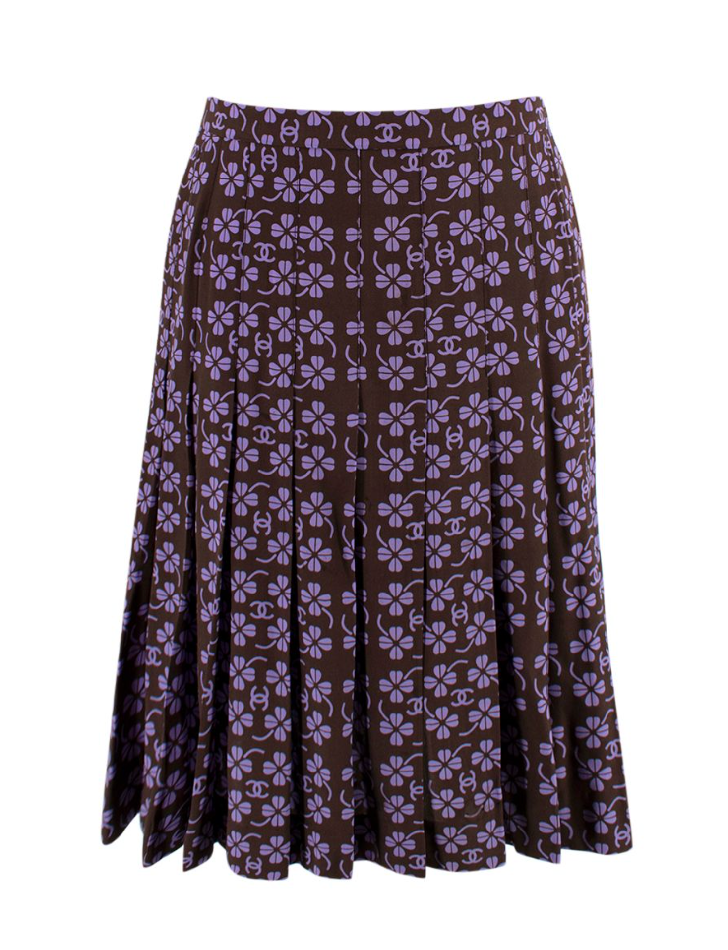 Purple & Black Clover Print Pleated Silk Skirt