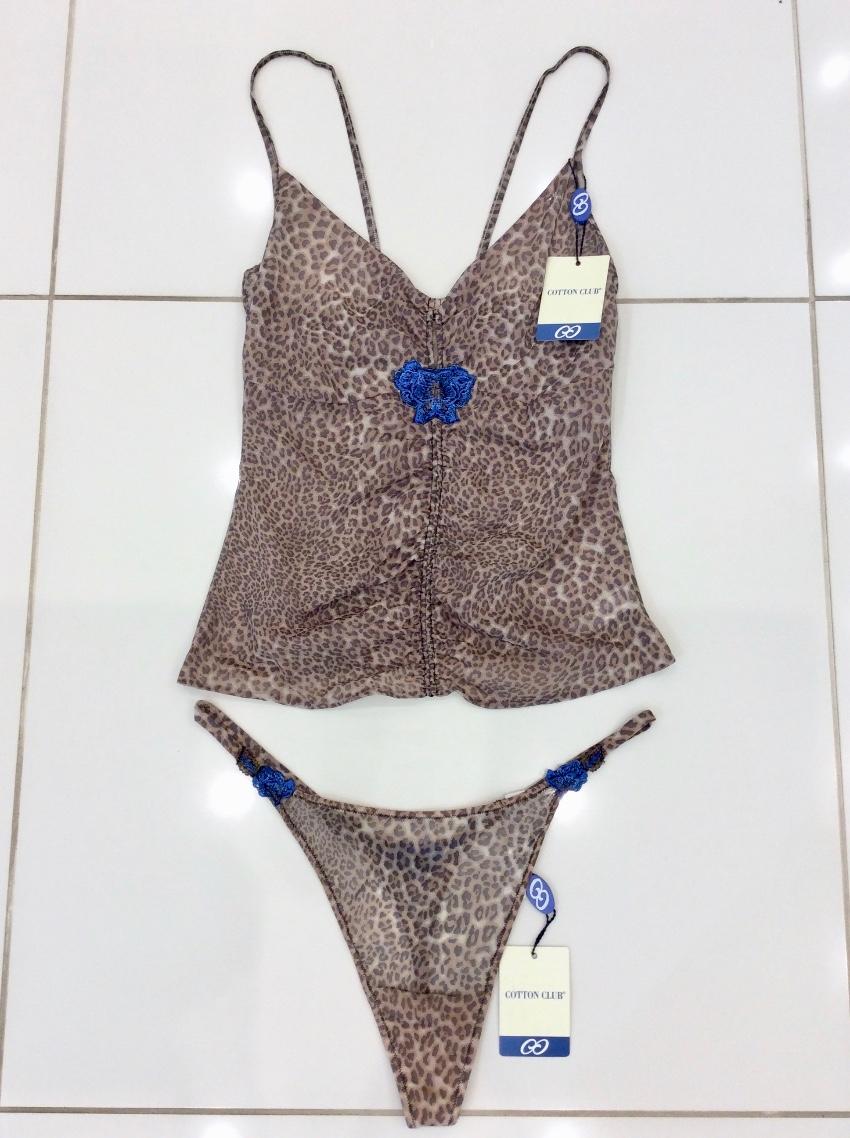 Cotton Club Couture Leopard Print Embroidered Camisole & Thong Set