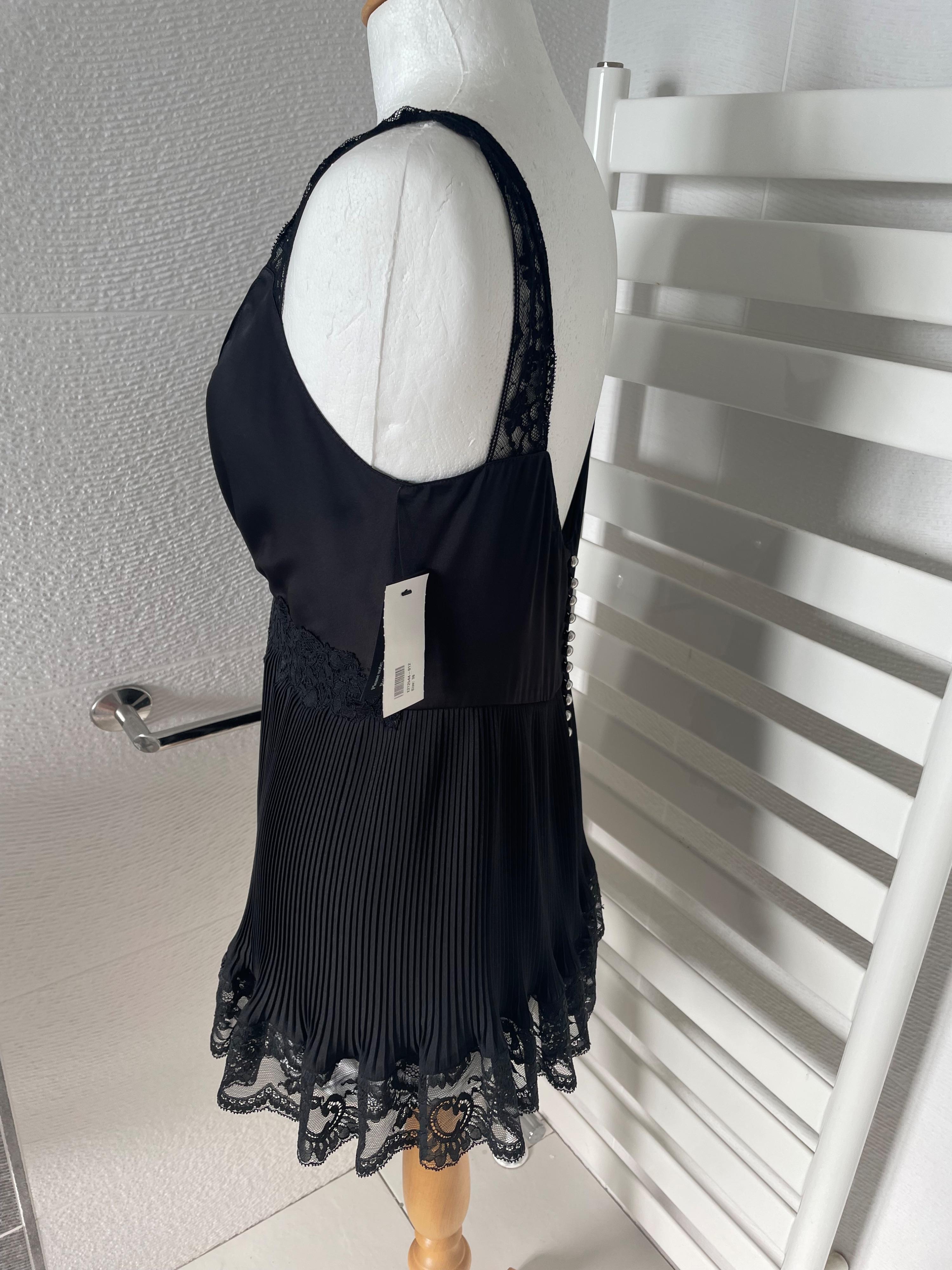 Plisse Black Crepe de Chine Lace Trimmed Top & Shorts Set