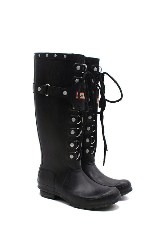 Hunter Black Lace Up Embellished Festival Wellington Boots