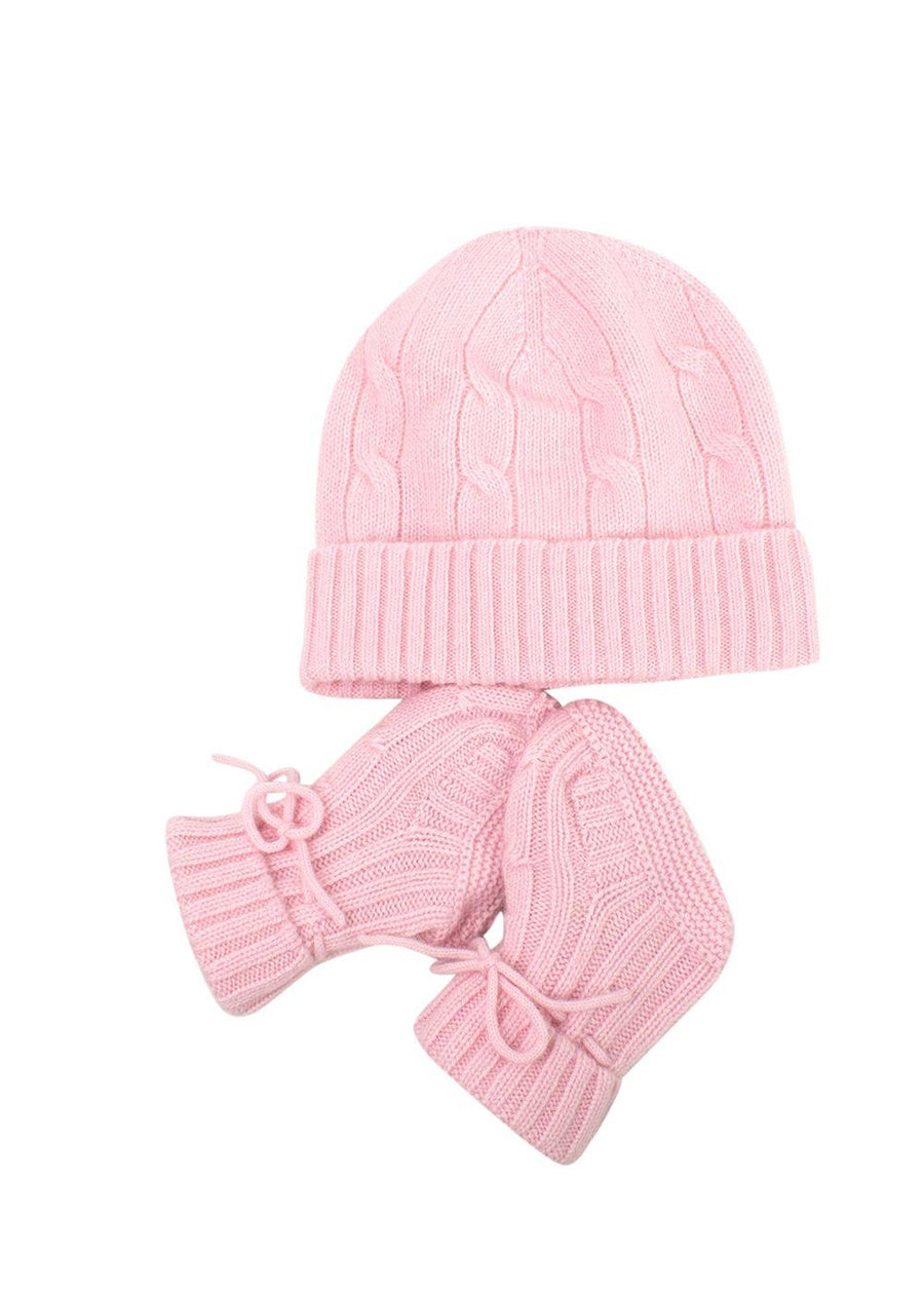 Ralph Lauren Pink Cashmere Cable Knit Hat & Booties Set