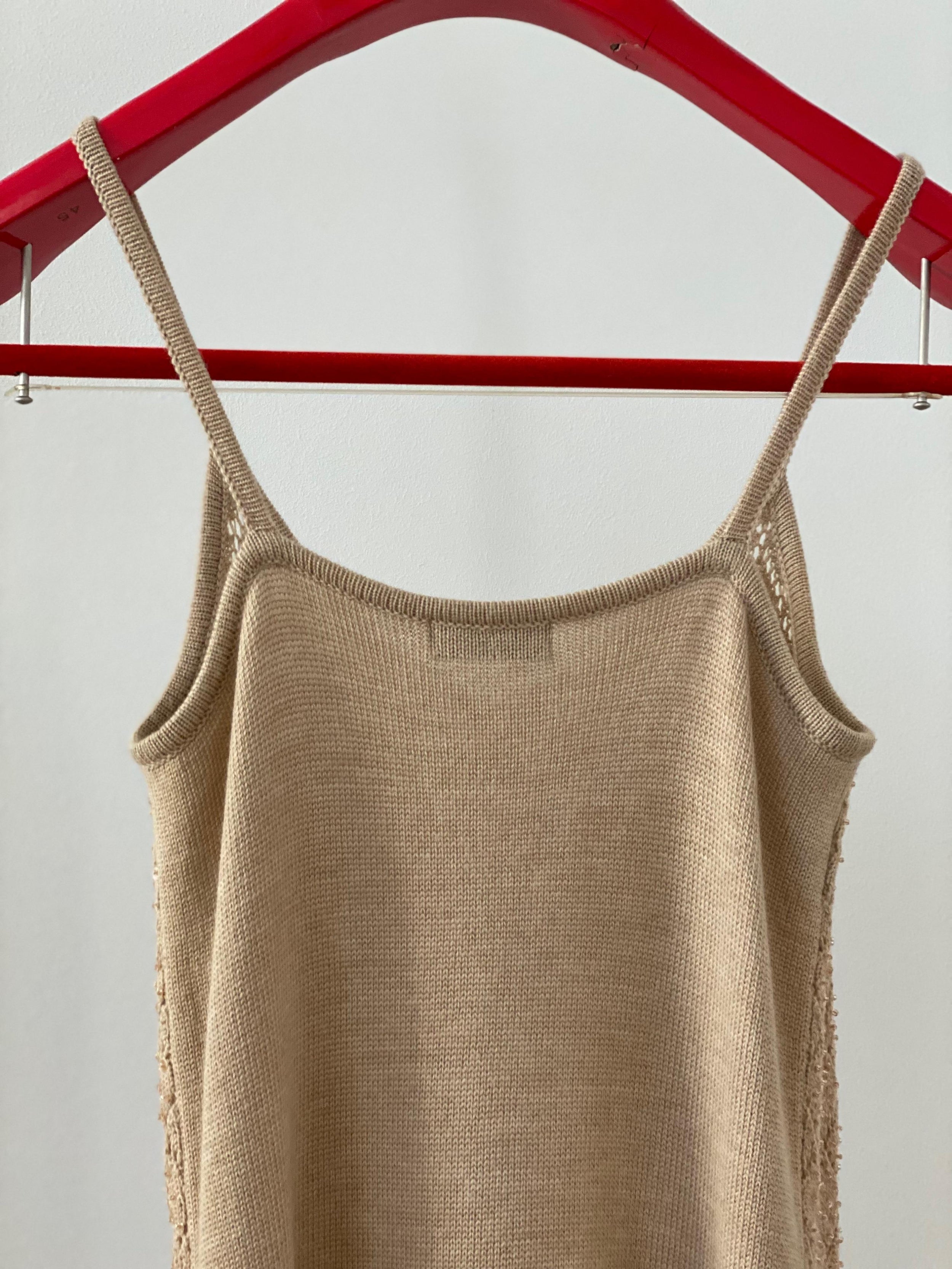 Beige sequinned pointelle knit cami dress