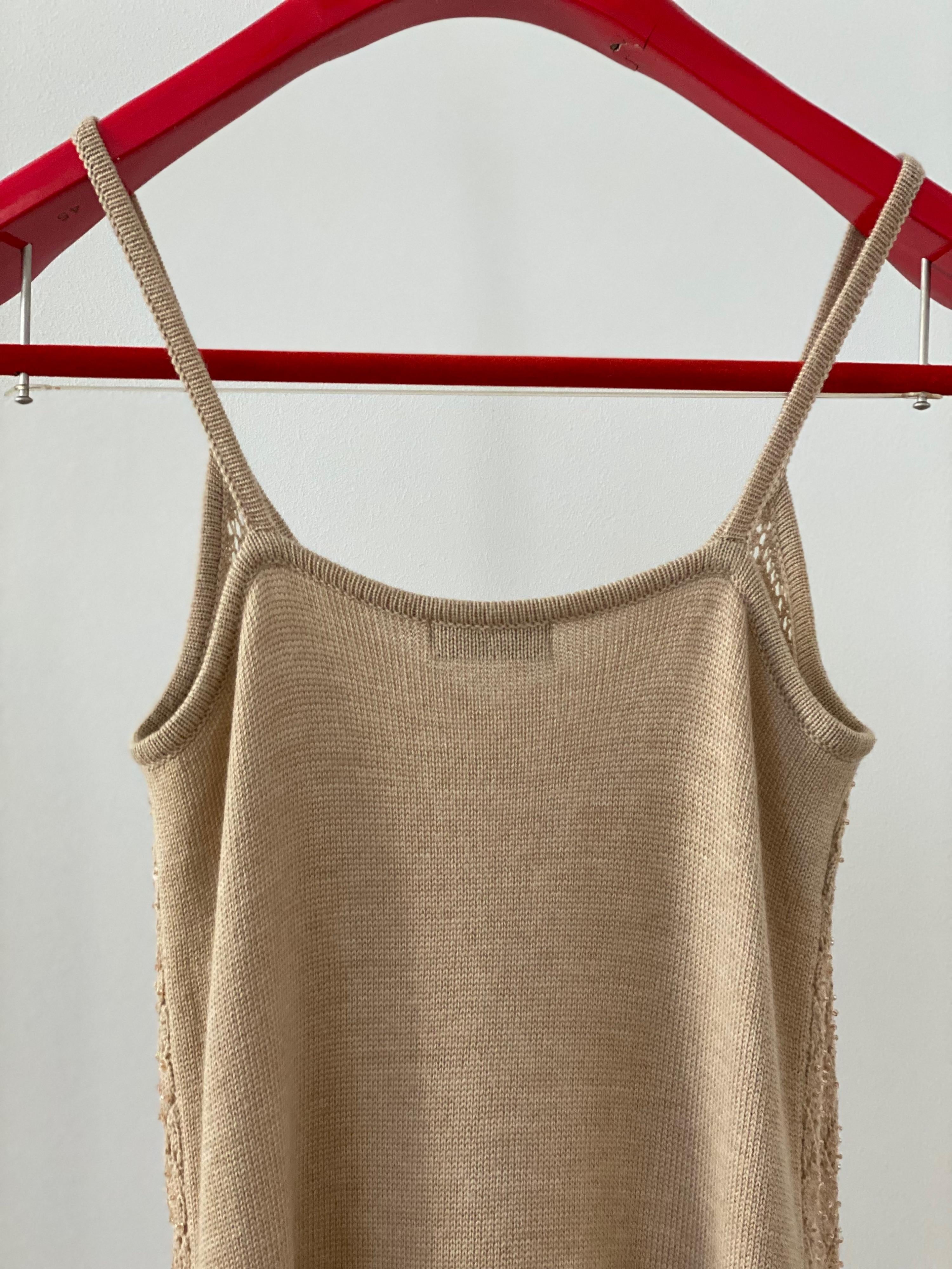 Beige sequinned pointelle knit cami dress