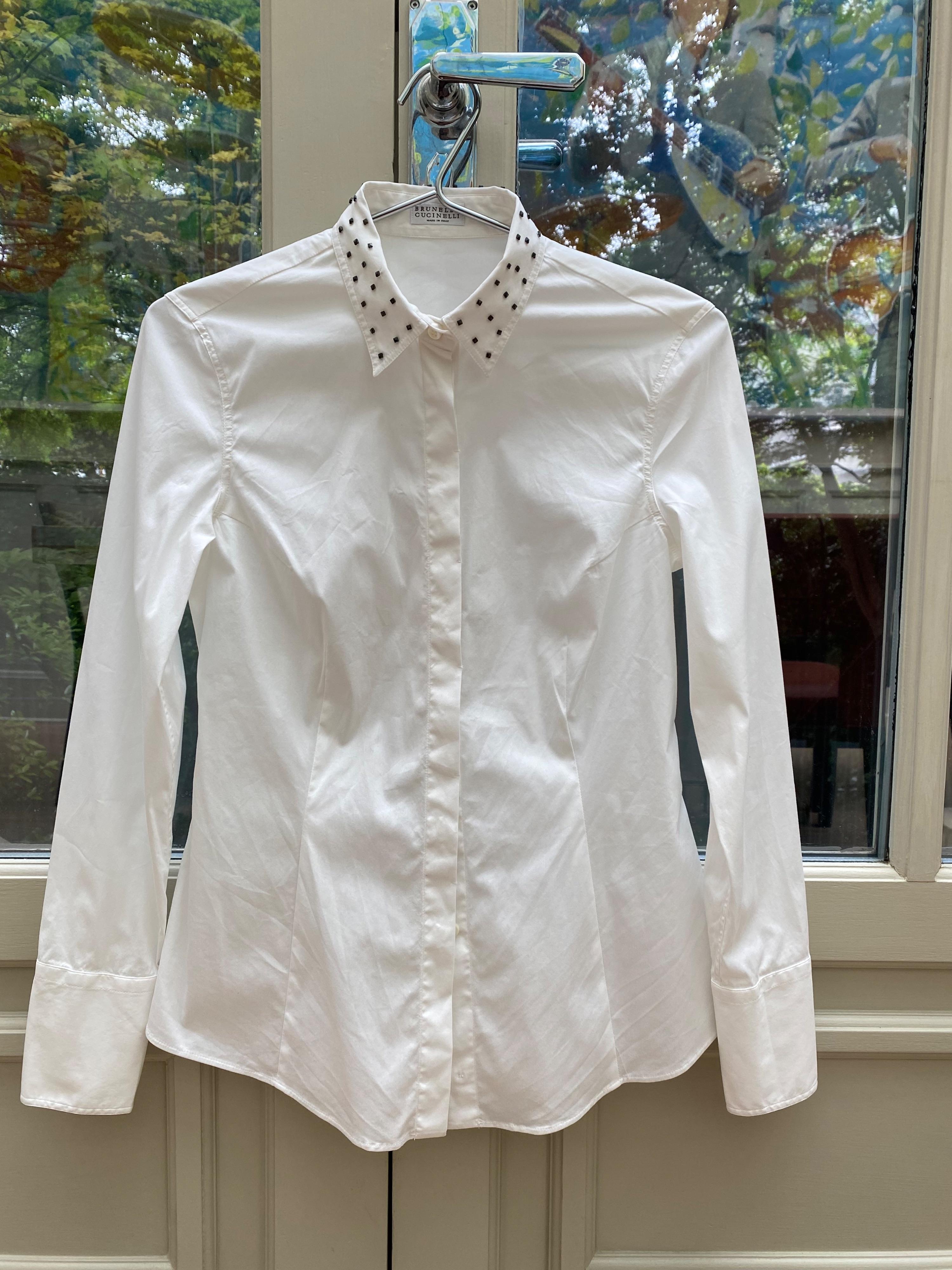 Studded Collar White Cotton Shirt