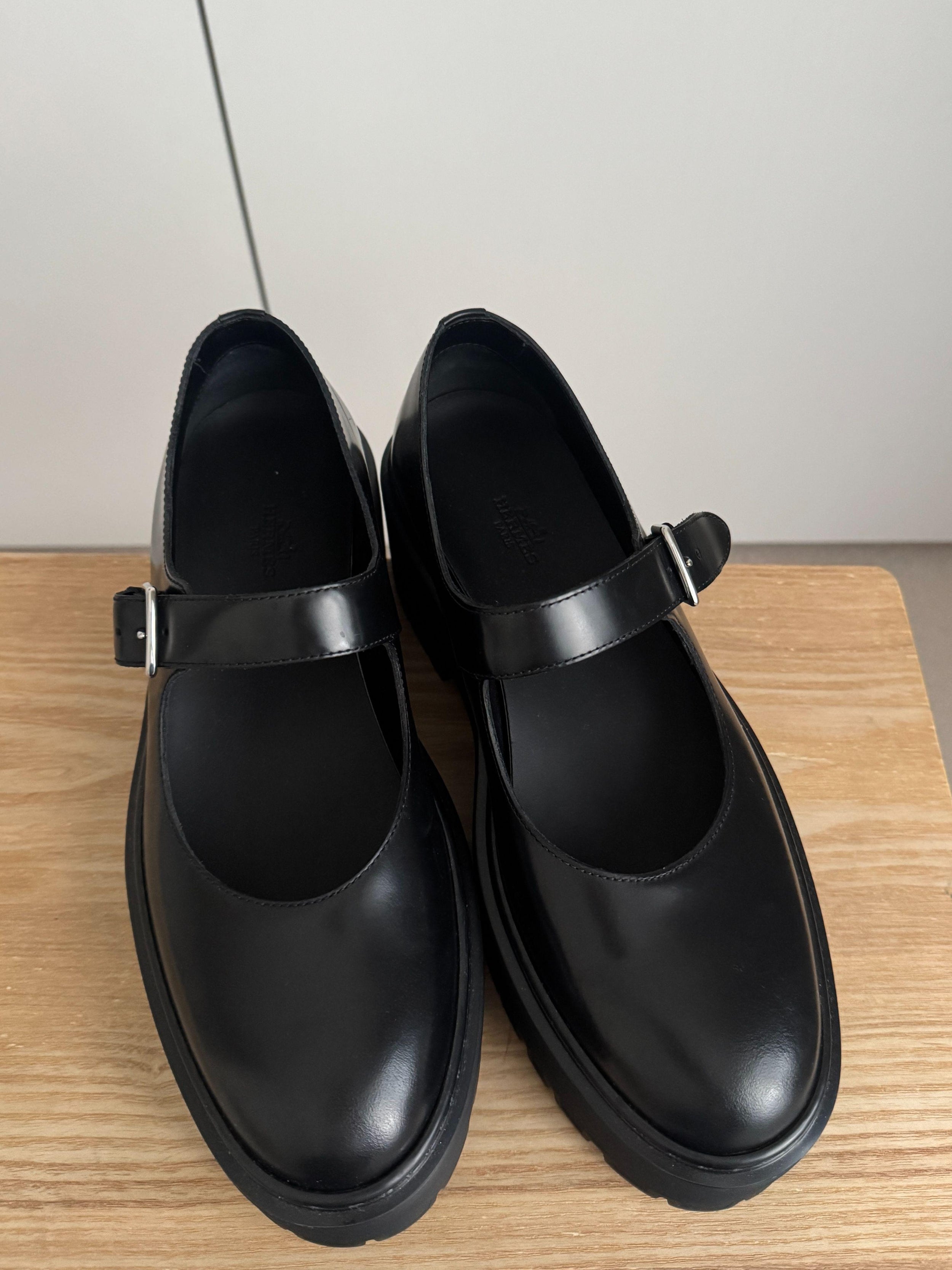 Hermes Black Leather Richelieus Hoxton  Platform Mary Janes