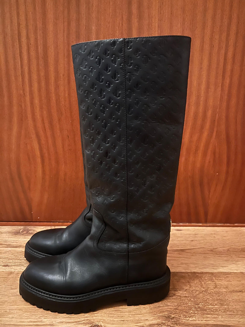 Jimmy Choo Black Monogram Knee High Boots