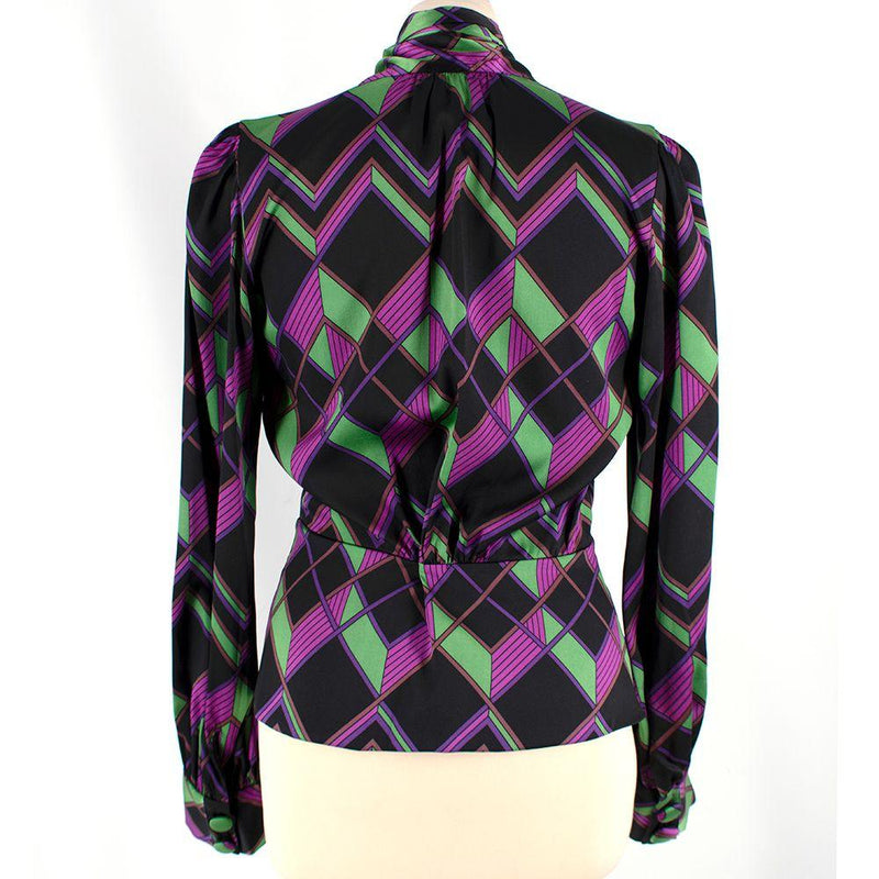 Diane Von Furstenberg Purple Geometric Print Pussy-bow Silk Blouse