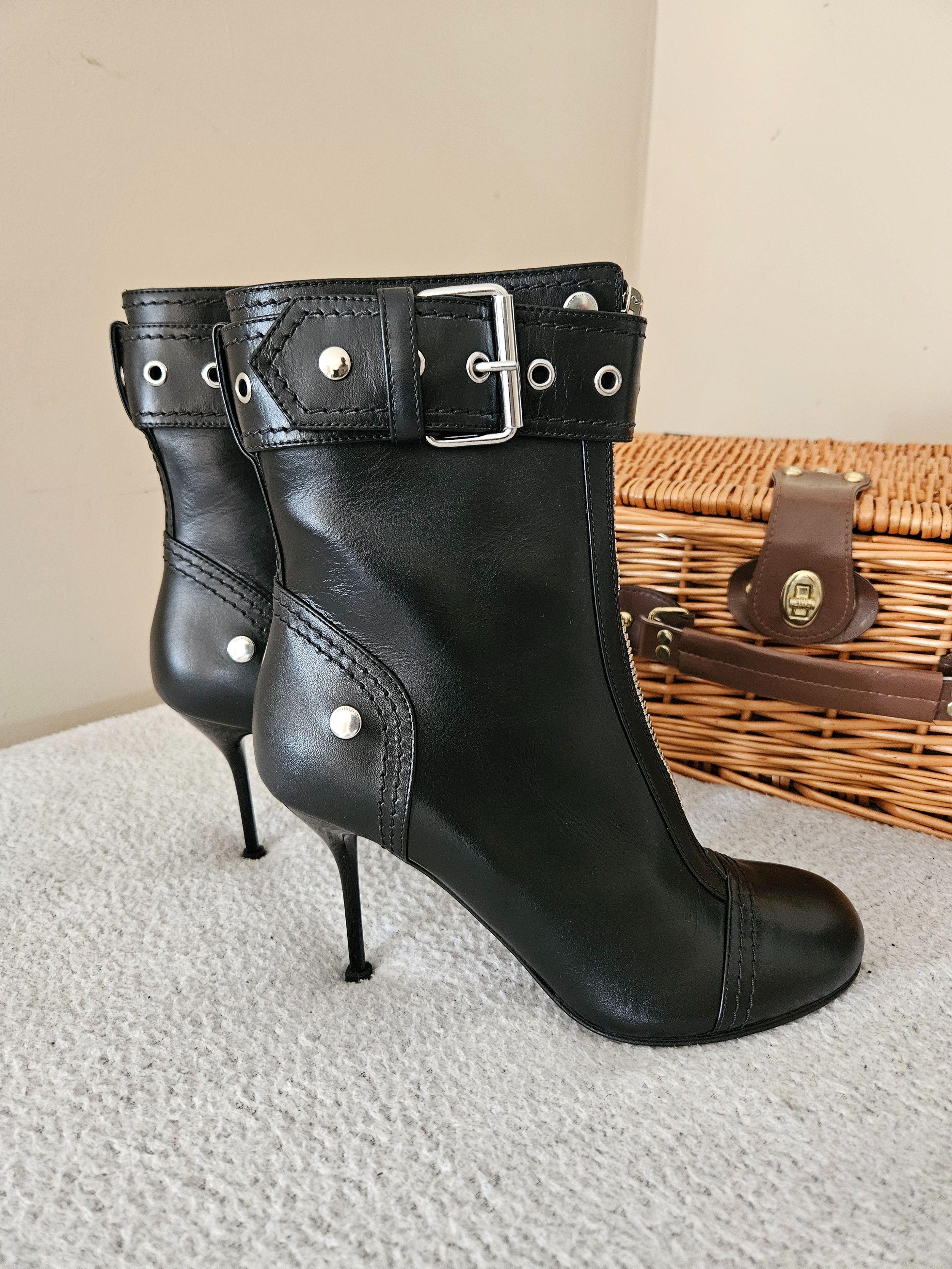 Alexander McQueen Black Buckle Heeled Ankle  Boots