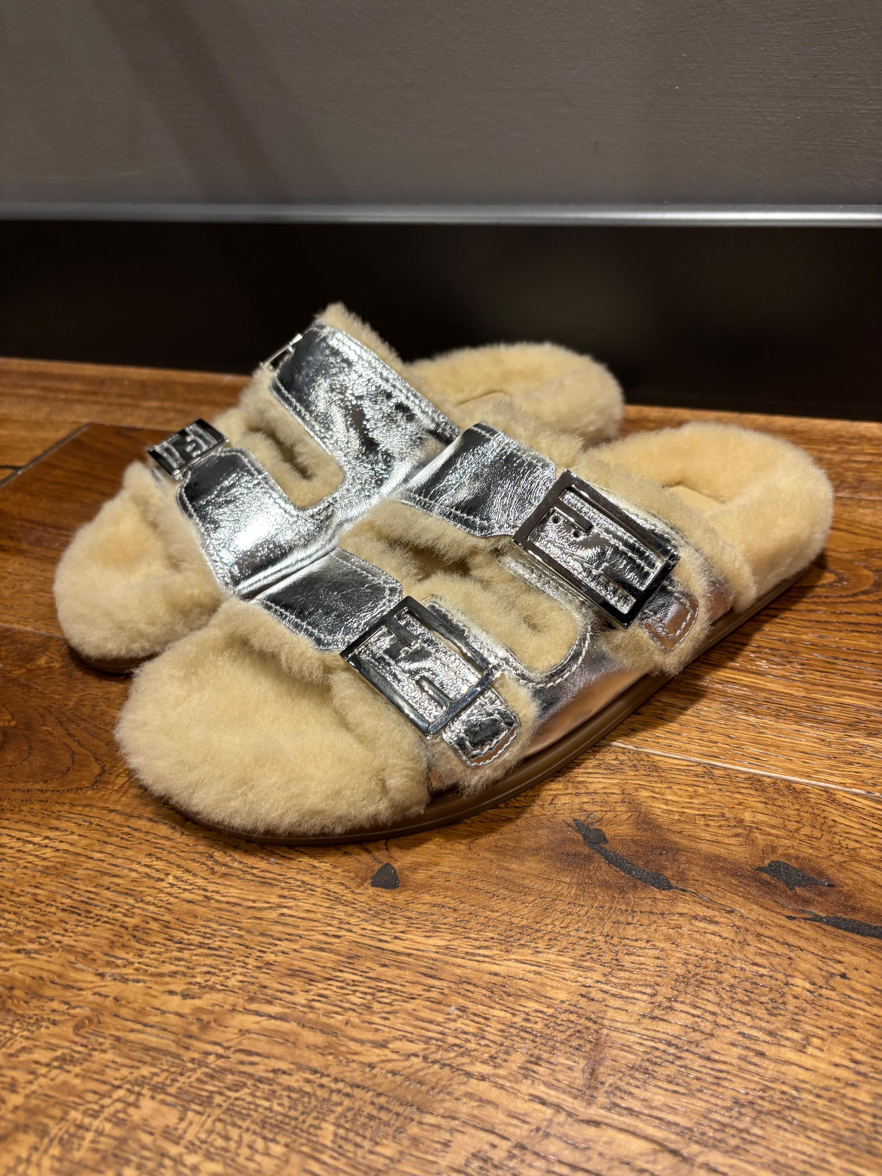 Fendi Shealing Lined Silver Slides