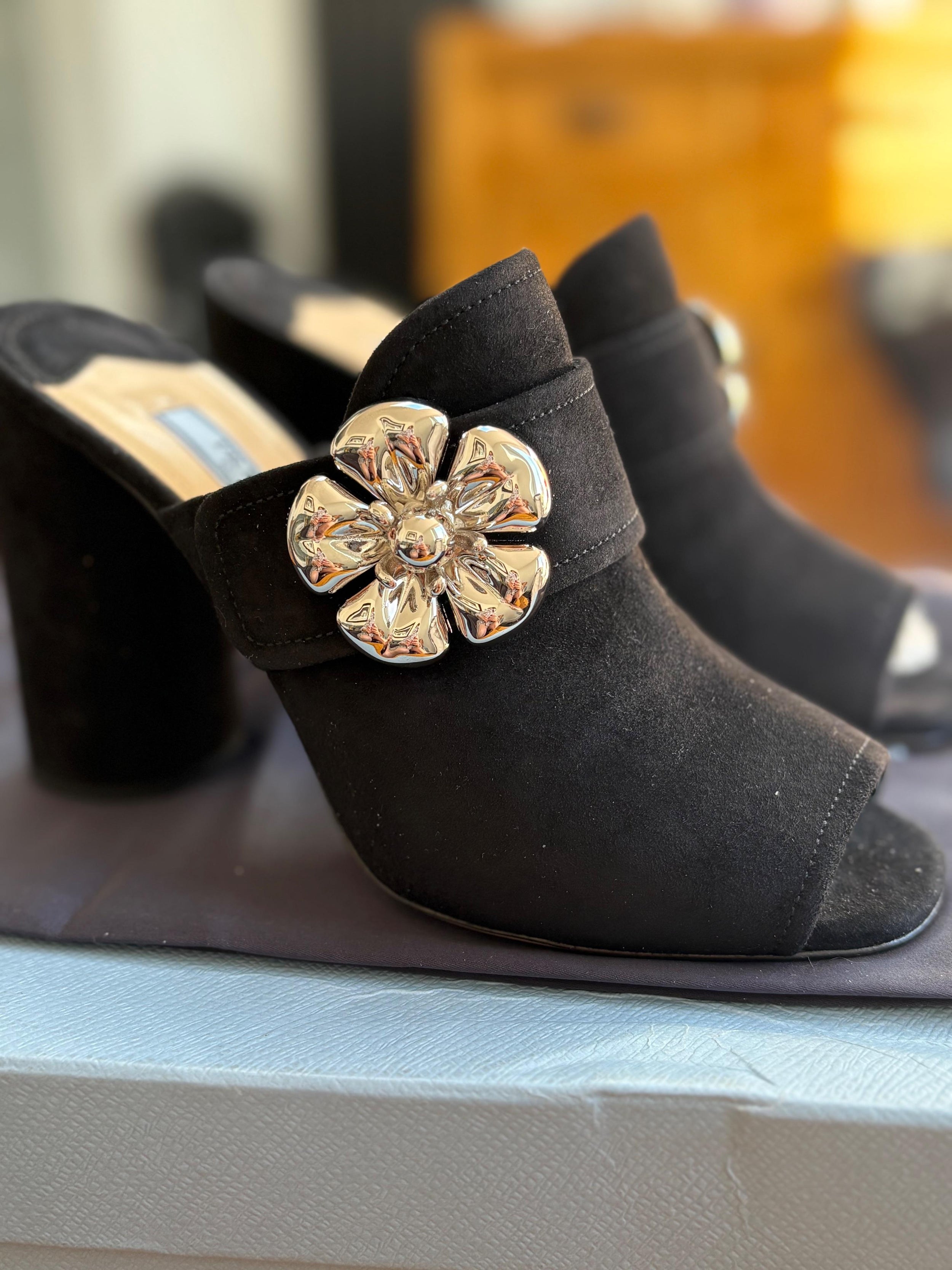 Prada Embellished Black Suede Heeled Mules