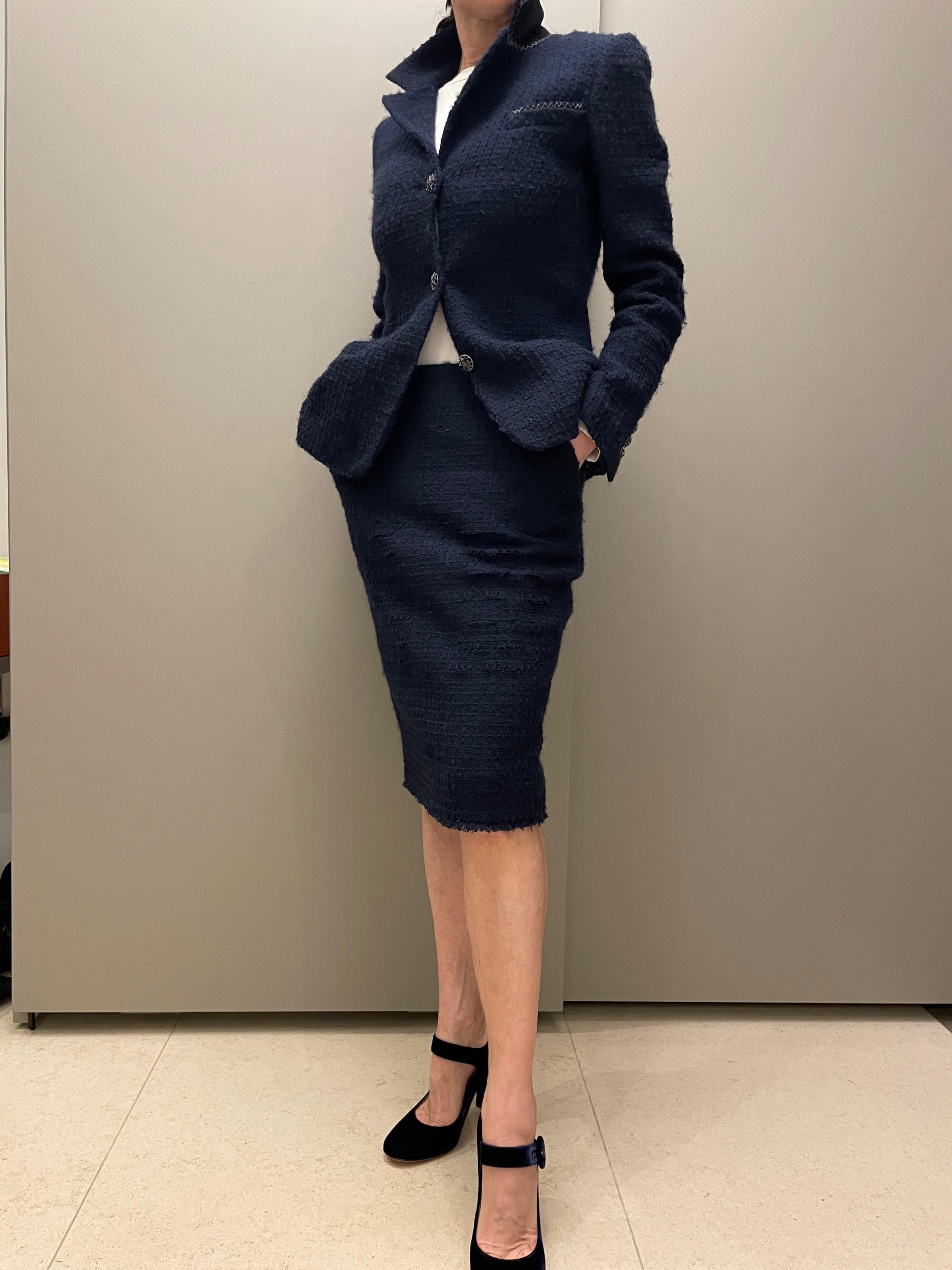 Navy Blue Lesage Tweed Knee Length Skirt