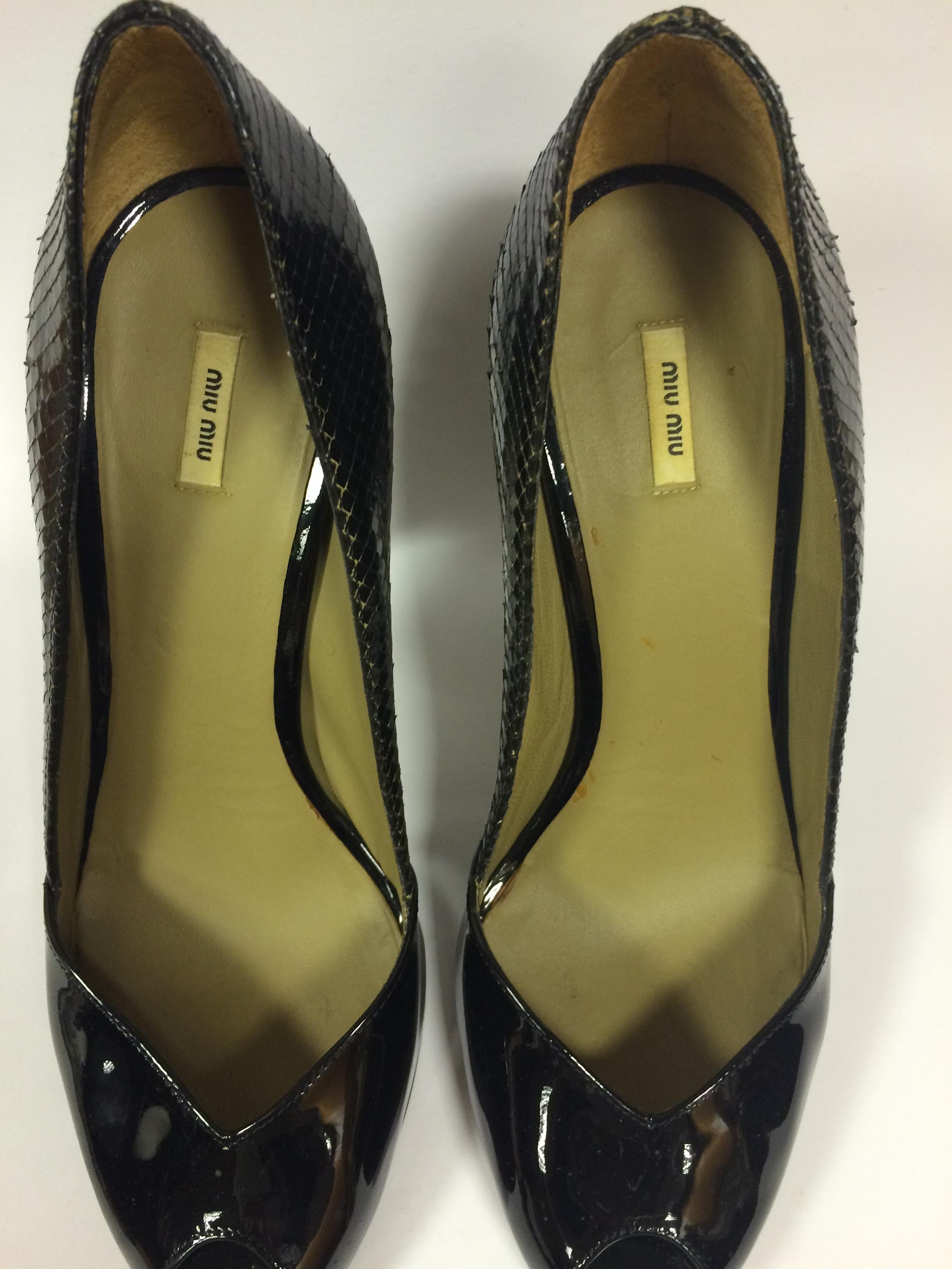 MIU MIU Black Python and Patent Leather Pumps with Swarovski Heels