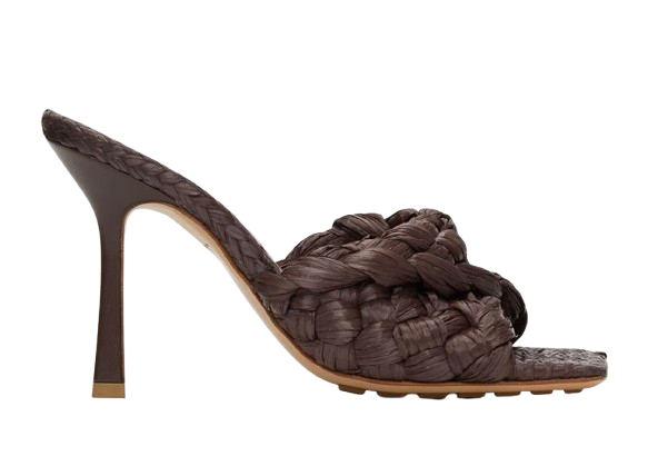 Brown Rafia Intrecciato Stretch Heeled Mules