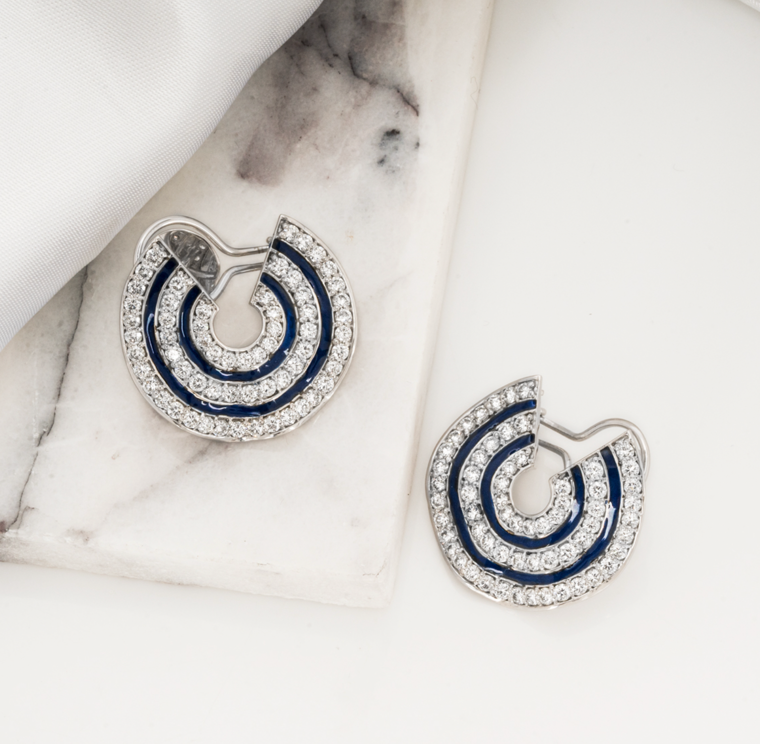 18ct white gold, diamond & enamel wave earrings