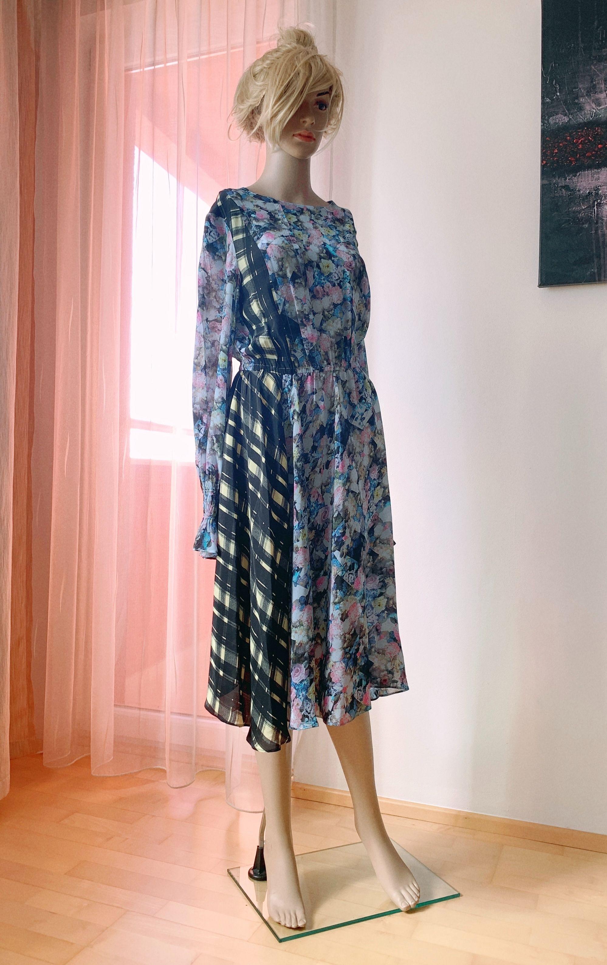 Line Abstract Floral & Checkered Print Kara Dress