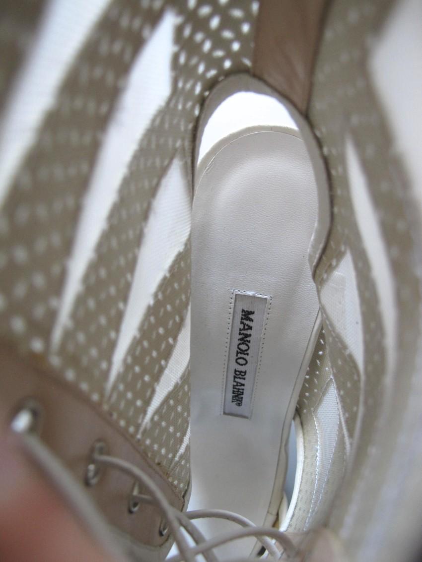 Manolo Blahnik White Lasercut Lace-Up Sandals