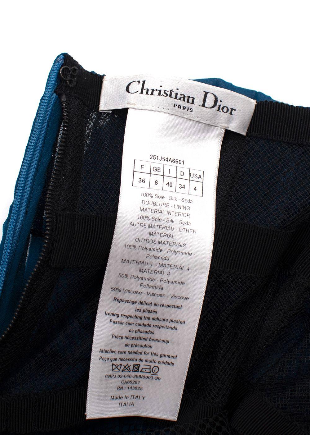 Christian Dior Teal Silk  And Black Lace Pleated Midi Skirt