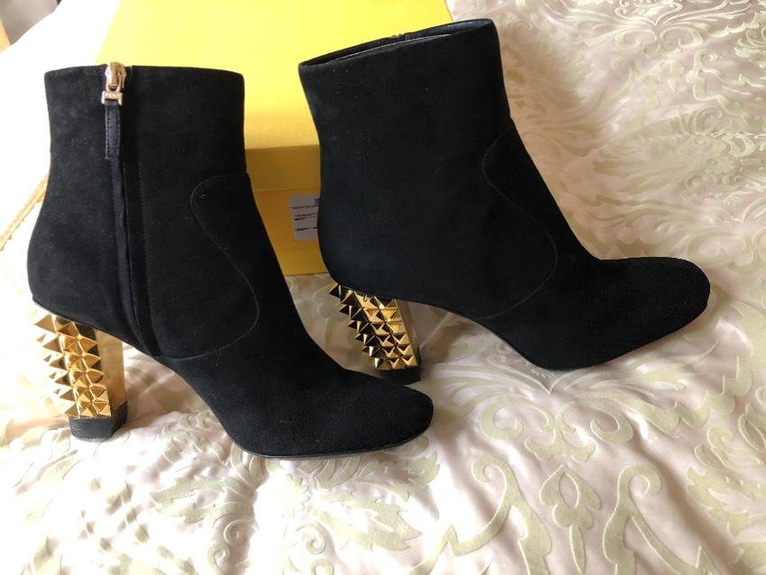 Fendi Black Suede Ankle Boots with Gold Spiked Heel