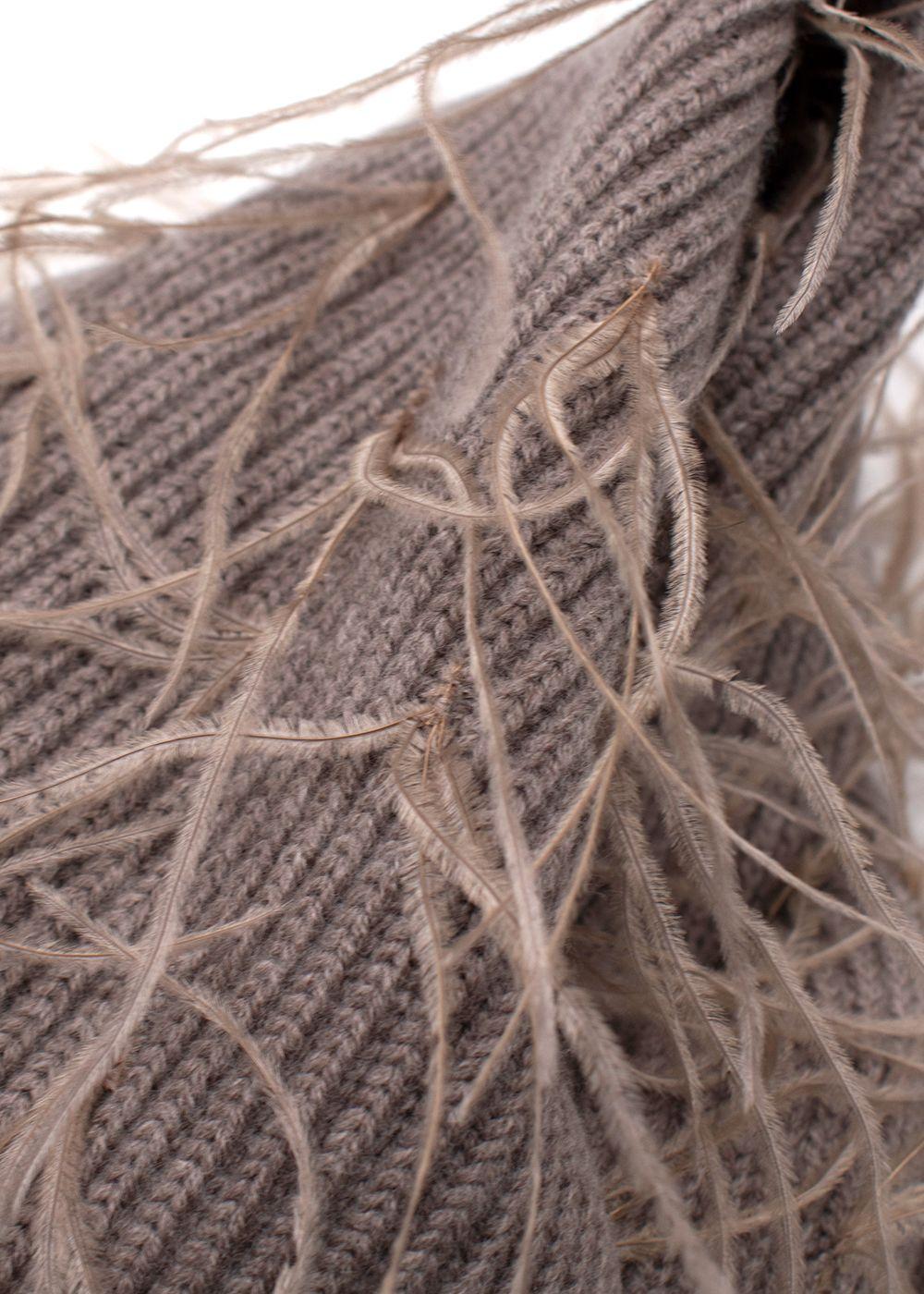 Tanya Taylor Mouse Brown Ostrich Feather Detailing Wool Scarf